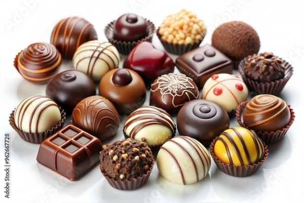 Fototapeta Assorted chocolates collection with varied designs and flavors, perfect for gifting and enjoying