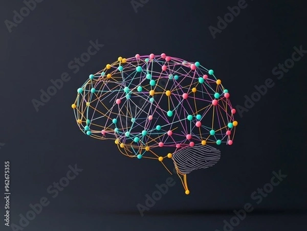 Fototapeta Abstract colorful brain with connected dots and lines, representing neural network or artificial intelligence.