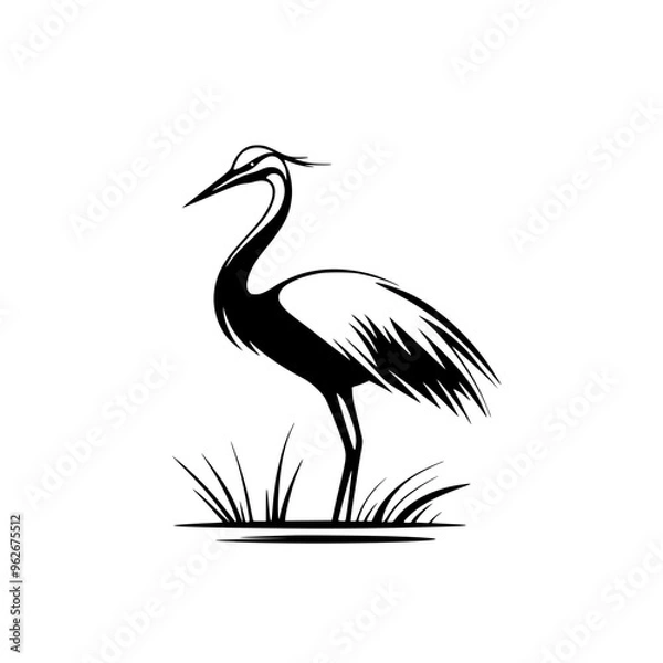 Fototapeta Elegant heron silhouette in black and white, Minimalist black and white heron silhouette illustration, showcasing its graceful stance and delicate feather details, ideal for logos or nature designs.
