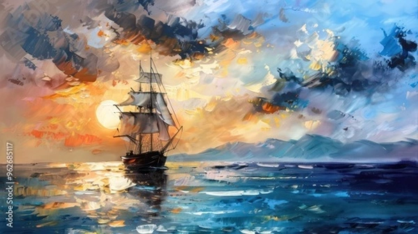 Fototapeta A vibrant painting of a sailing ship at sunset, reflecting colors on the water.