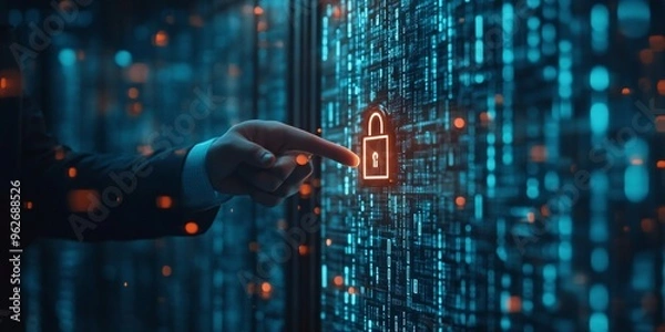 Obraz cybersecurity protection with a businessman holding a digital padlock for login identity verification and credentials secure network system for data privacy and protection
