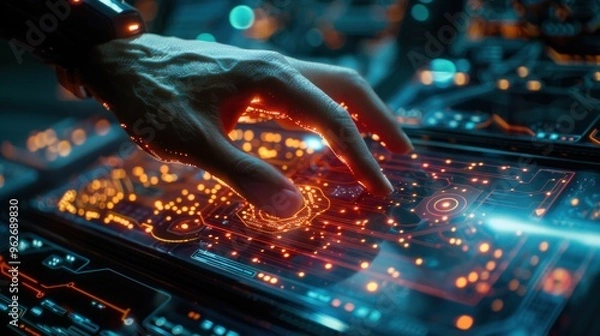 Fototapeta A vibrant image of a futuristic gadget with advanced touch-screen interface and seamless connectivity, showcased in a clean environment for tech innovation promotion.