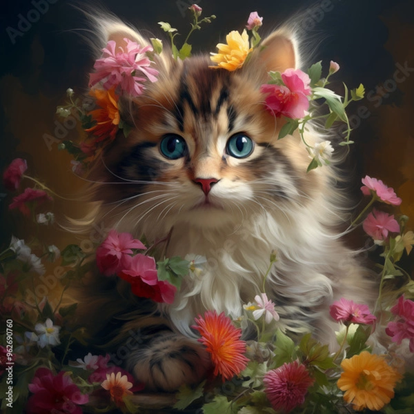 Fototapeta Cat with flowers