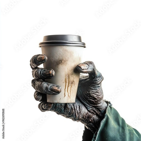 Obraz A zombie hand holding a coffee cup, Halloween theme, eerie and dark, isolated on white background