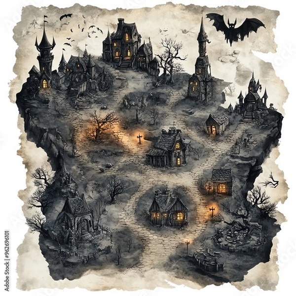 Obraz A spooky quest map with haunted locations, Halloween fantasy RPG theme, dark and eerie, isolated on white background