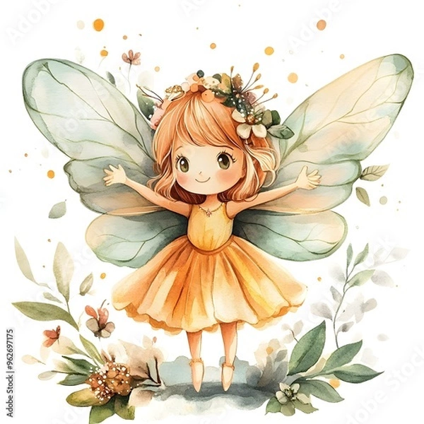 Fototapeta Cute watercolor fairy with floral crown and wings in a vibrant  whimsical natural environment