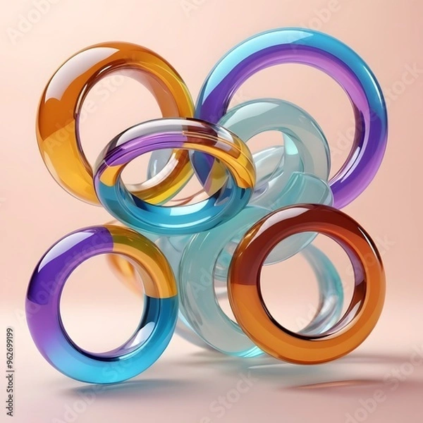 Fototapeta abstract background with circular glass rings isolated on soft colored background, decorative rings, glass rings, multi color rings