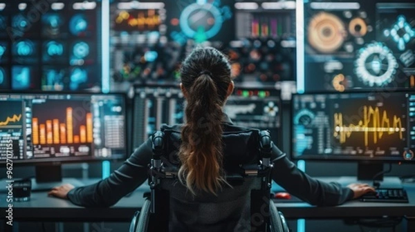 Fototapeta In a science lab, a woman in a wheelchair looks at a computer screen with equipment nearby.