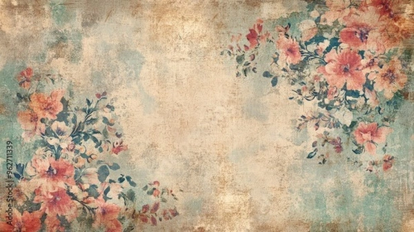 Fototapeta Vintage floral background with faded roses and delicate leaves, perfect for nostalgic designs and artistic projects.