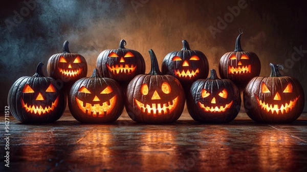 Fototapeta Spooky jack-o'-lanterns glow in the dark.
