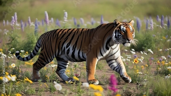 Fototapeta This captivating photograph presents a striking image of a tiger striding confidently through a vibrant field of wildflowers.