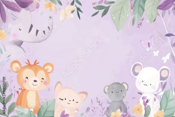 Fototapeta Playful Baby Shower Invitation with Animal Illustrations and Pastel Accents on Iris Purple Background and Whimsical Design