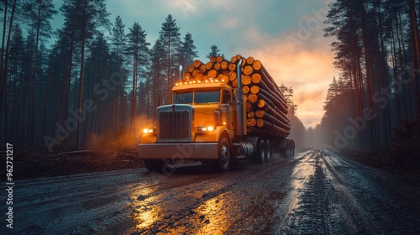 Fototapeta logging truck transports a large load of freshly cut timber through a forest. The image captures the essence of industrial forestry, symbolizing sustainability and resource management