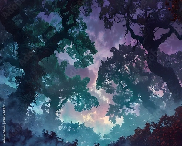 Fototapeta A mist-shrouded forest, where ancient trees stand in shadows of emerald and burgundy leaves under a sky transitioning from deep purples to midnight blues.