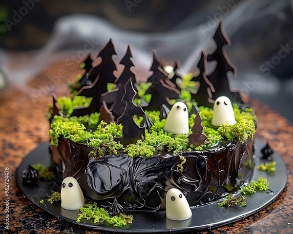Fototapeta A haunted forest cake with dark chocolate trees, edible moss, and ghost decorations, ready for a bake-off.