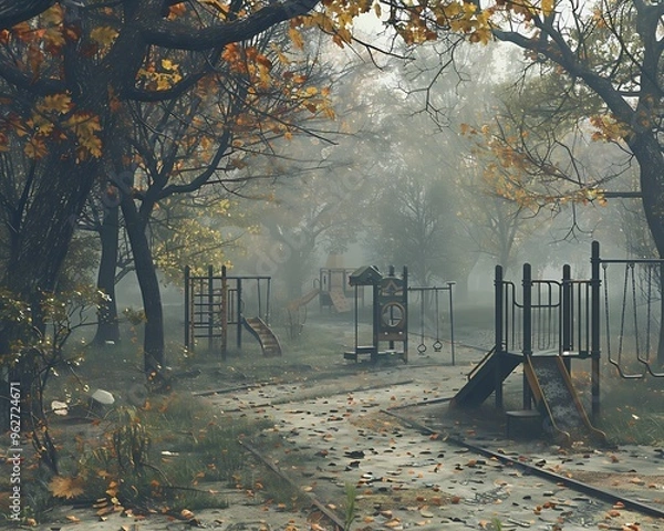 Fototapeta A misty, overgrown park with abandoned playground equipment, surrounded by looming, shadowy trees and scattered fallen leaves.