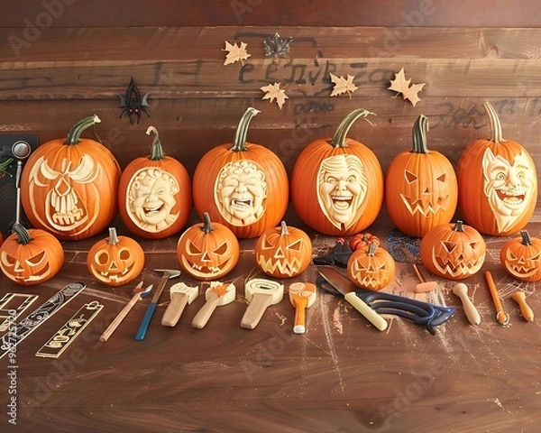 Fototapeta A lineup of pumpkins with funny and detailed carvings, arranged on a wooden table with an assortment of carving tools and stencils around.