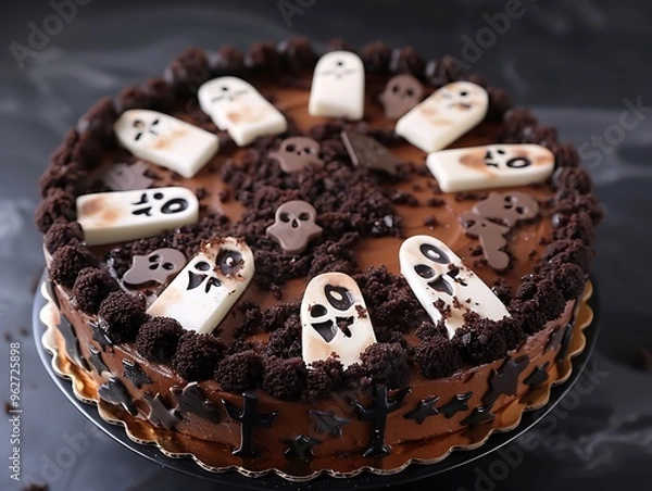 Fototapeta A haunted graveyard cake with tombstone decorations, edible ghosts, and dark chocolate soil.