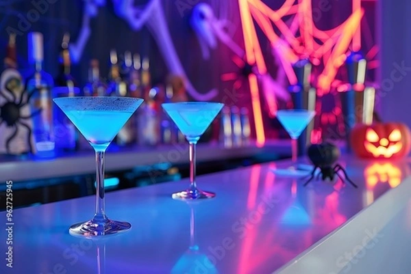 Fototapeta A modern, sleek bar with "ghostly martinis" glowing faintly blue, set against a backdrop of neon spider webs and minimalist Halloween decor.