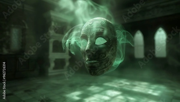 Fototapeta A haunted mask floating mid-air, emanating a faint green glow and surrounded by swirling mist in a darkened room.