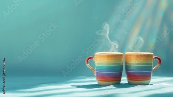 Fototapeta Two vibrant rainbow-striped mugs emit steam under bright sunlight. The blue background enhances the mugs' colors, creating a warm and inviting scene, perfect for cozy and cheerful settings.