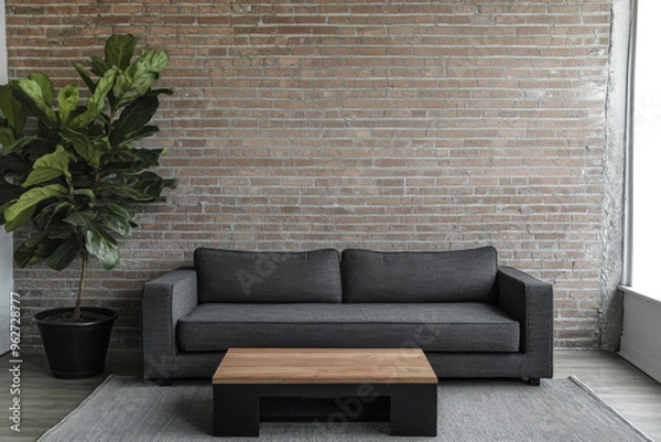 Obraz Loft apartment living room with artistic mood, warm ambiance and natural window lighting. Modern industrial Real Estate interior design composition.