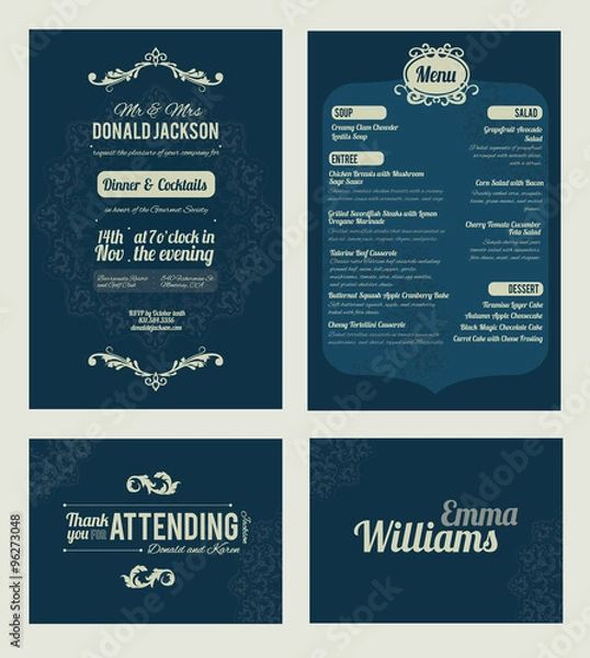 Fototapeta Vector Elegant Blue Dinner Coctails Party Invitation Set. Invite, menu, thank you, place card, event collection