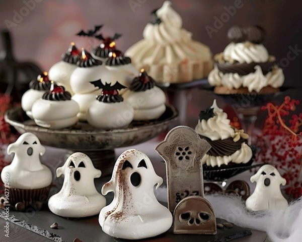Fototapeta A Halloween dessert table featuring ghost-shaped meringues, vampire cupcakes, and chocolate tombstones, all creatively decorated.