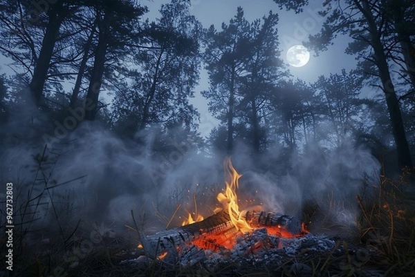 Fototapeta A crackling bonfire in a foggy forest, with the moon peeking through the trees.