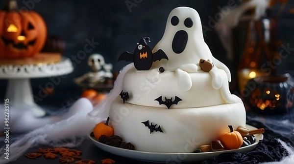 Fototapeta A ghostly cake with white fondant and eerie decorations, ready for a Halloween-themed baking contest.
