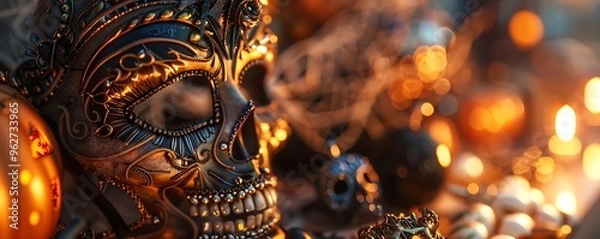 Fototapeta A close-up of intricate Halloween masks and costume accessories displayed on a table under warm lighting.