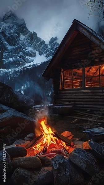 Fototapeta A flickering bonfire in a remote mountain cabin, surrounded by the dark wilderness.