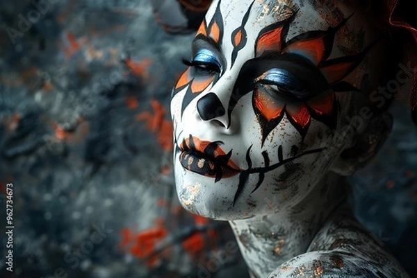 Fototapeta A close-up of detailed Halloween-themed face paint on a mannequin, set against a dark, textured background.