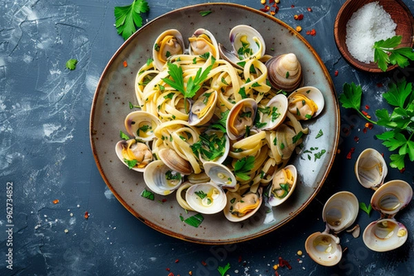 Fototapeta A plate of linguine alle vongole with fresh clams and parsley