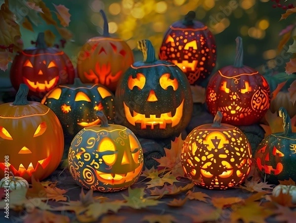 Fototapeta A collection of pumpkins with a mix of traditional and creative designs, glowing brightly, set against a backdrop of autumn foliage.