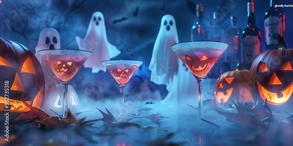 Fototapeta A Halloween cocktail party scene with "ghostly martinis" served in glowing, misty glasses, set against a backdrop of eerie fog and floating ghosts.