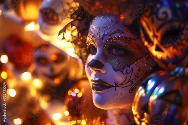 Fototapeta A close-up of Halloween-themed face paint and masks displayed under the soft glow of decorative lights.