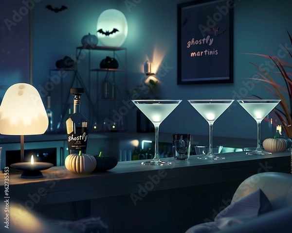 Fototapeta A chic, modern bar setup with "ghostly martinis" glowing eerily, accented by minimalist Halloween decor and dark, moody lighting.