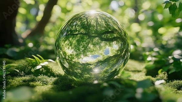 Fototapeta a transparent glass ball in a green forest in which the green planet Earth is reflected