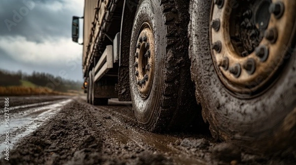 Fototapeta A close-up view of a truck's muddy tire on a rugged road under a cloudy sky.