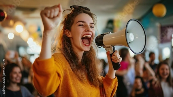 Fototapeta Young woman in orange sweater excitedly yelling into a megaphone.