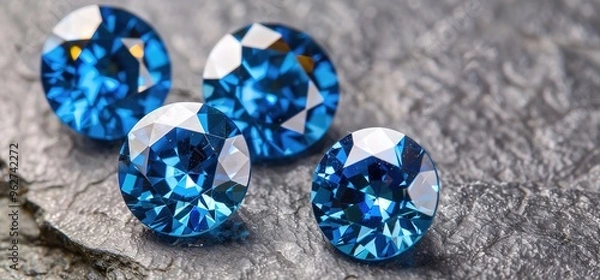 Obraz Four sparkling blue topaz gemstones on a gray background. These gemstones are perfect for jewelry making or as a decorative element.