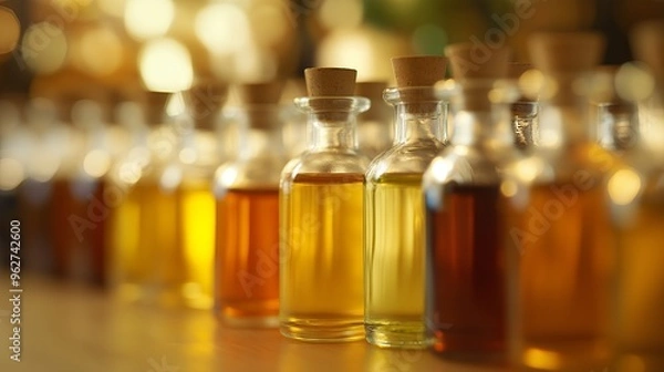 Fototapeta Bottles of amber liquid with cork tops arranged in a row on a wood surface with blurred background.