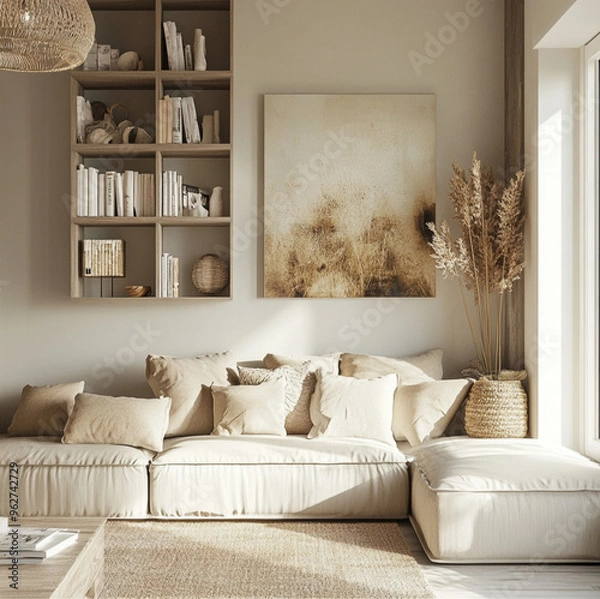 Fototapeta aesthetic white beige living room with metal decoration, shelfies