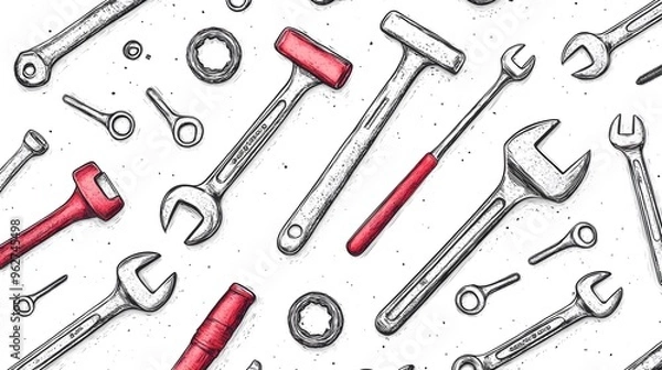 Fototapeta Hand Drawn Illustration of Various Tools in a Seamless Pattern