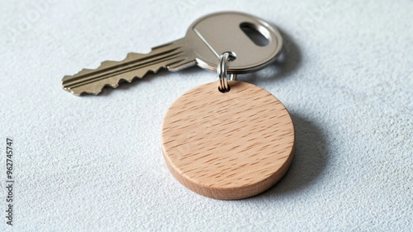 Fototapeta Engraved wooden keychain on simple surface, showcasing natural wood texture and metal key. This image evokes sense of simplicity and functionality.