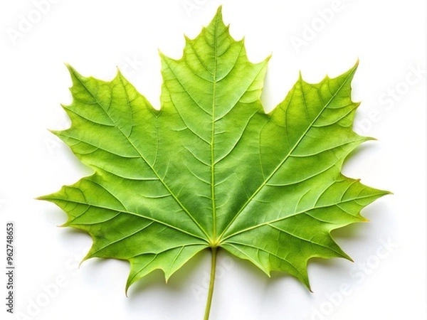 Obraz A lively green maple leaf with five delicate lobes floats on a crisp white canvas, its veins and edges lustrous with gentle sheen, embodying growth and rebirth.