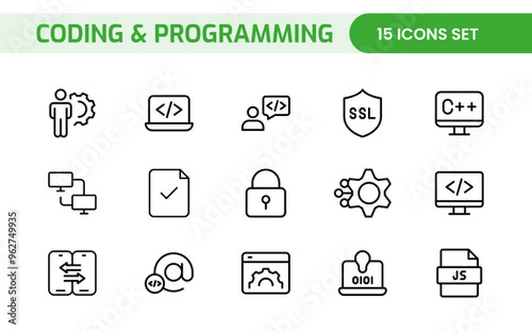 Fototapeta Programming coding set of web icons in line style. Software development icons for web and mobile app. Code, api, programmer, developer, information technology, coder and more.