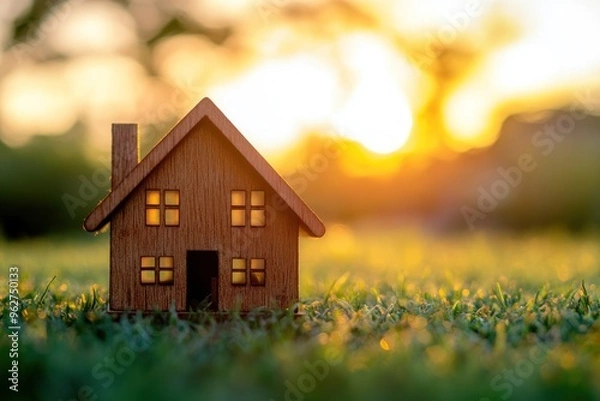 Obraz Little Wooden House In A Field At Sunset