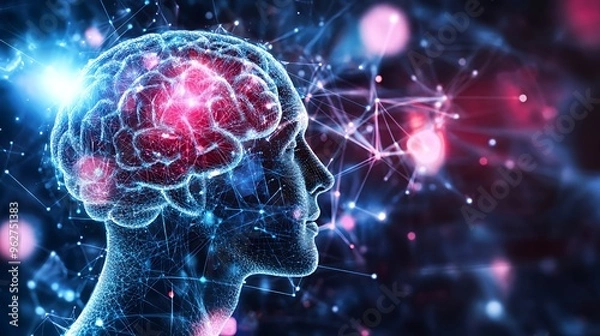 Fototapeta Abstract digital human brain illuminated in neon blue and red against a dark background of glowing lines and dots.